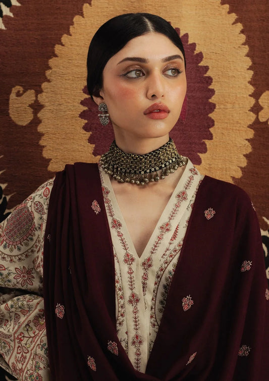 Dhanak Fabric - 3 Piece Unstitched Embroidered Dress With Embroidered Shawl