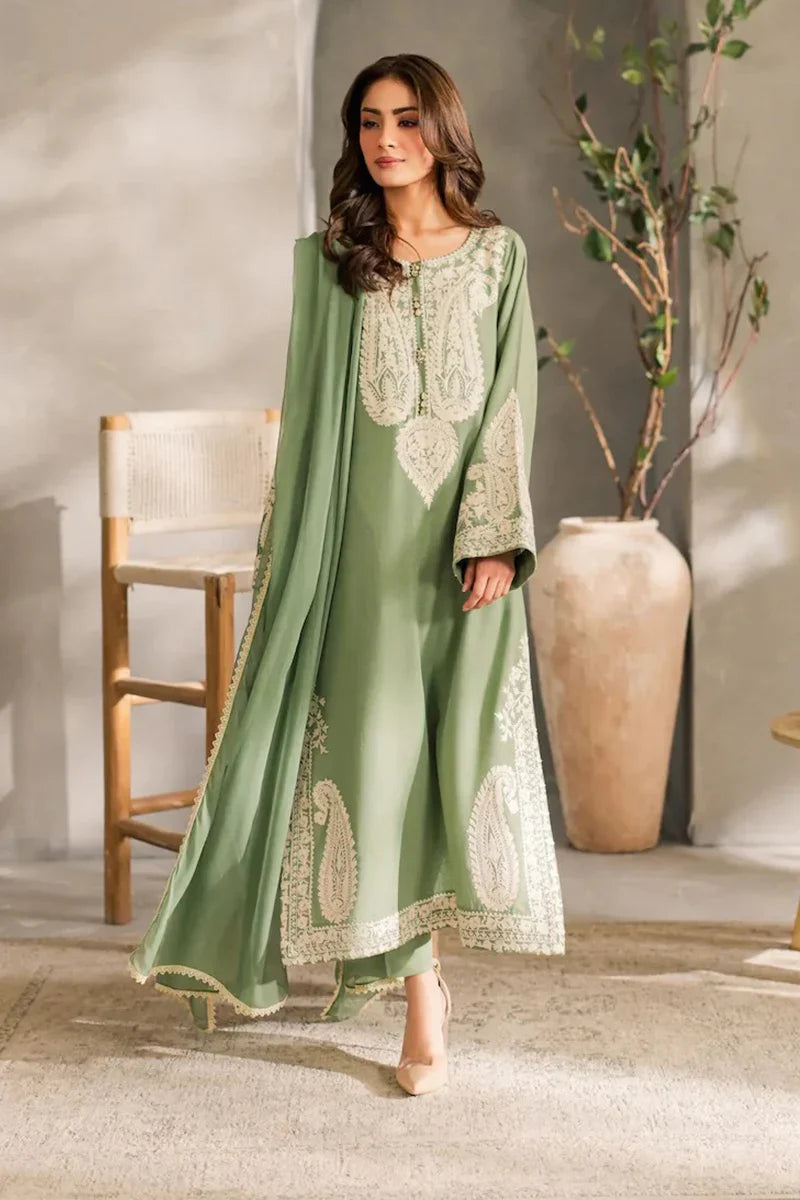 MR-2740 3Pc-Unstitched Embroidered Lawn Fabric With Embroidered Chiffon Dupatta