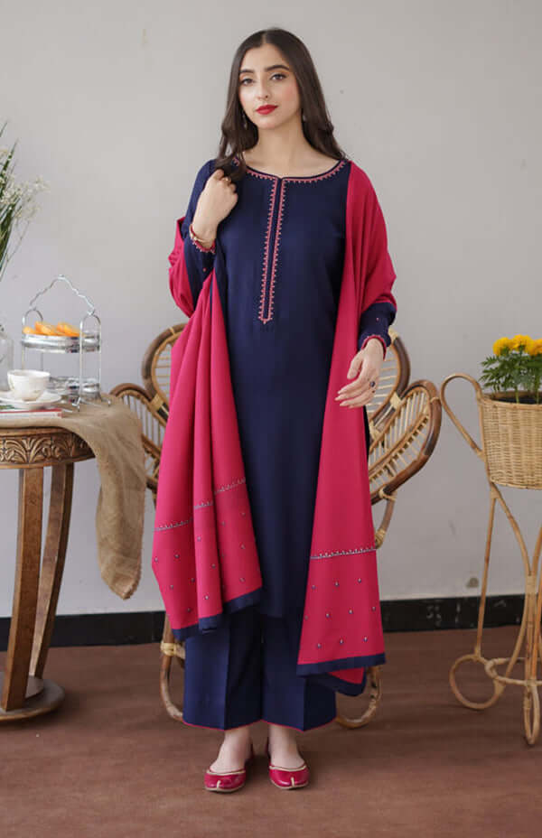 BR 1146-3 Piece Unstitched Heavy Embroidered Dhanak Suit ( Embroidered Dhanak Wool Shawl )