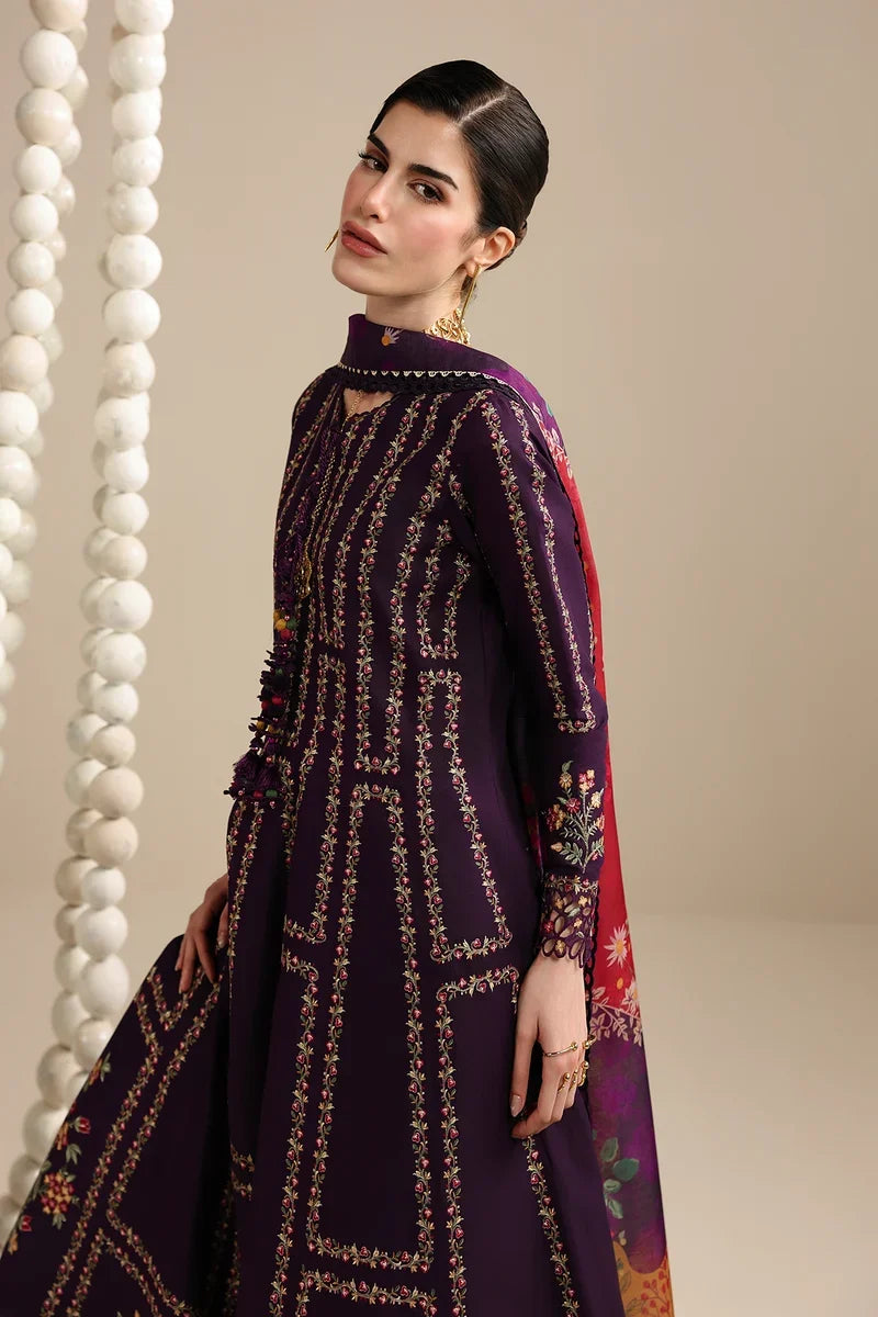 Dhanak Fabric - 3 Piece Unstitched Embroidered Dress With Printed Shawl ZH-3065