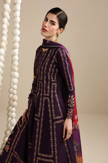 Dhanak Fabric - 3 Piece Unstitched Embroidered Dress With Printed Shawl ZH-3065