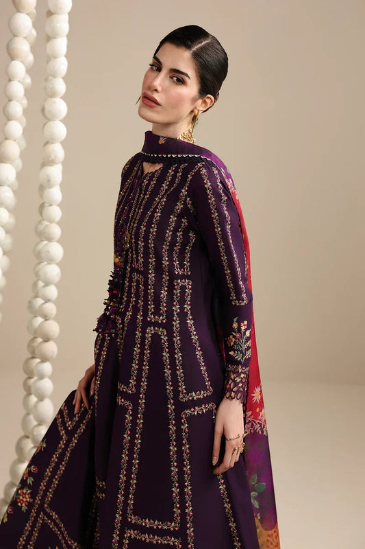 Dhanak Fabric - 3 Piece Unstitched Embroidered Dress With Printed Shawl ZH-3065