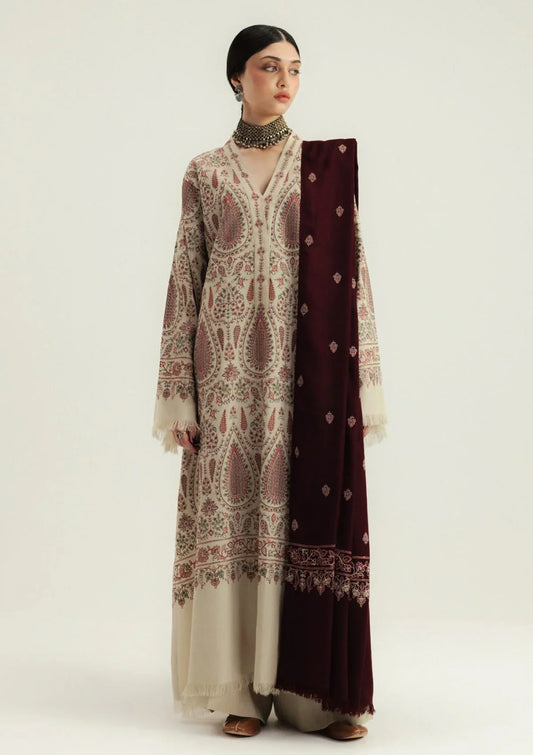 Dhanak Fabric - 3 Piece Unstitched Embroidered Dress With Embroidered Shawl