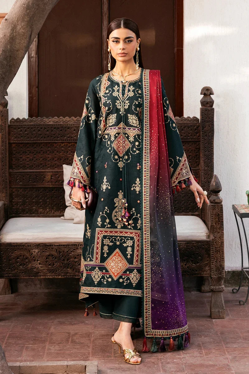 Dhanak Fabric - 3 Piece Unstitched Embroidered Dress With Printed Shawl JZ-3050