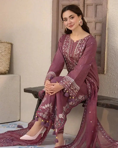 QL 2850 3Pc-Unstitched Fully Embroidered Lawn Fabric With With bamber Chifoon Dupatta with patches