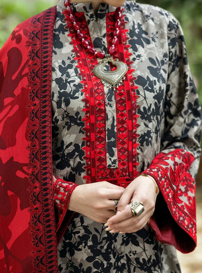 MB 437-3 Piece Unstitched Digital Printed Heavy Embroidered Lawn Suit ( Fine Printed Lawn Dupatta )