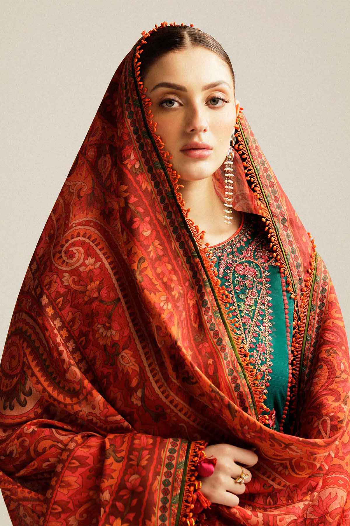 MB 525 - 3 Pcs Unstitched Heavy Embroidered Dhanak Suit with Premium Quality Wool Shawl