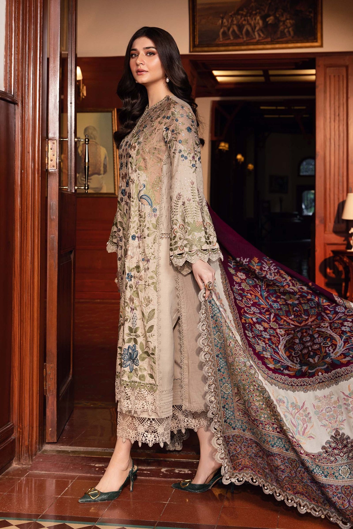 MB 555 - 3 Pcs Unstitched Heavy Embroidered Dhanak Suit with Premium Quality Wool Shawl