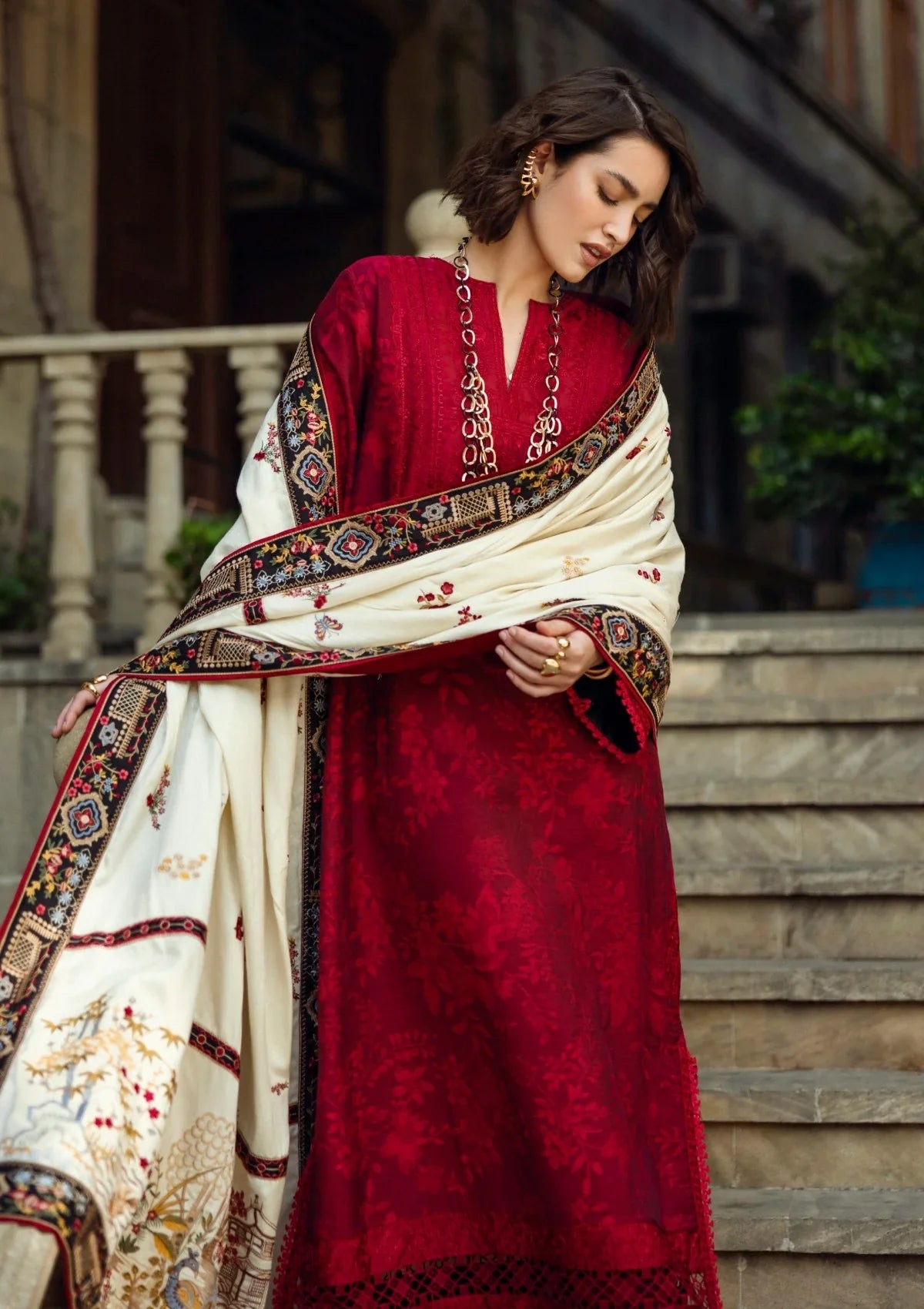 MQ 560 - 3 Pcs Unstitched Heavy Embroidered Dhanak Suit with Premium Quality Dhanak Shawl