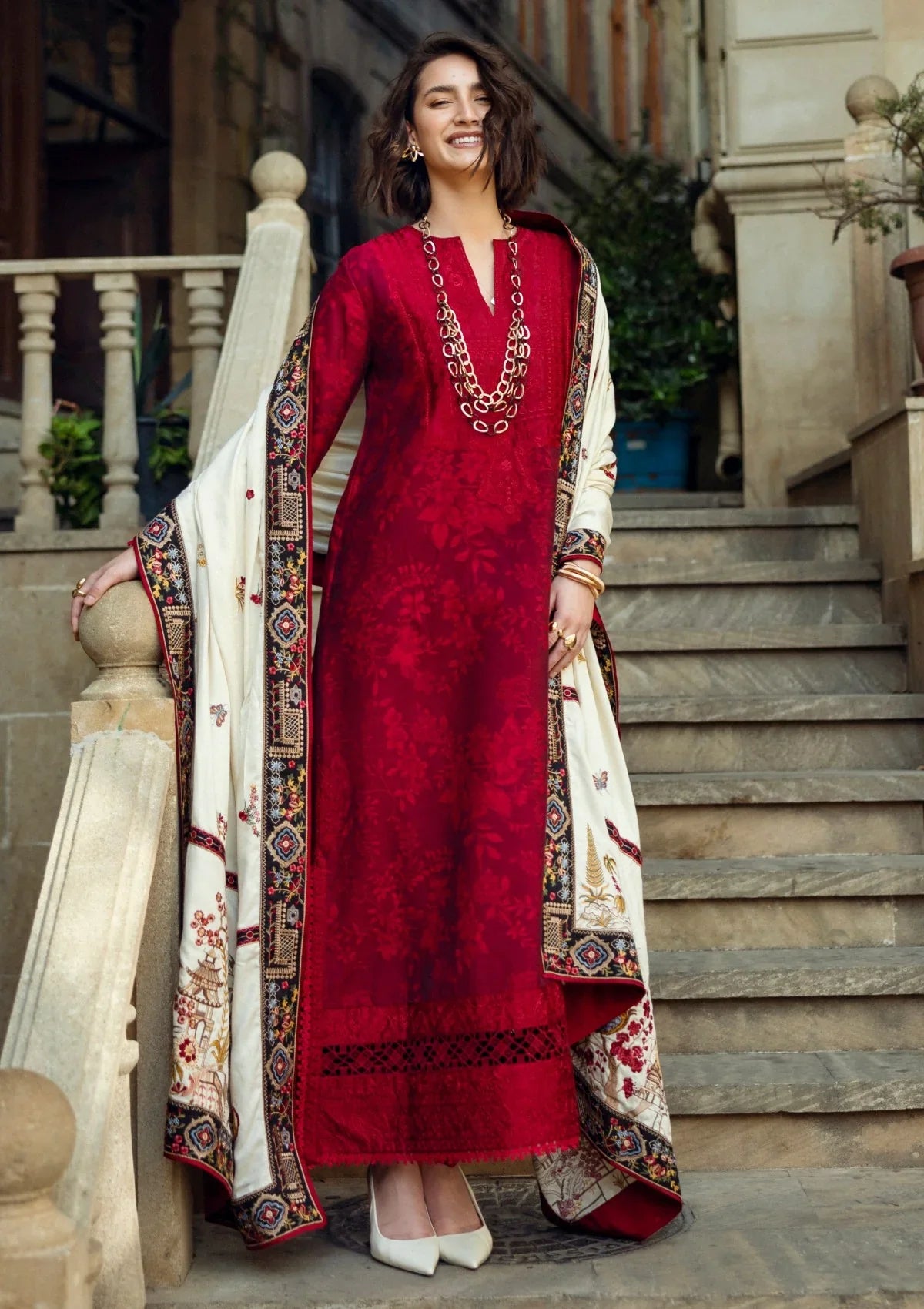 MQ 560 - 3 Pcs Unstitched Heavy Embroidered Dhanak Suit with Premium Quality Dhanak Shawl