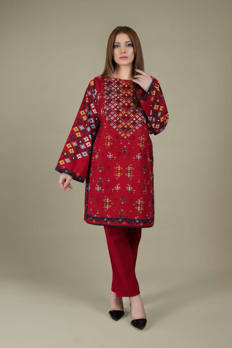 2Pc Fully Embroidered Linen Dress Embroidered Sleeves KS-760 DhanakStore 