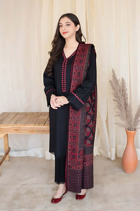 BC-835 3 Piece Unstitched Embroidered Dhanak Suit ( Printed Woolen Shawl )
