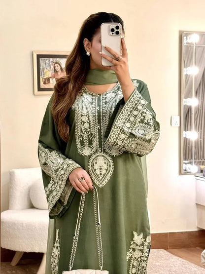 MR-2740  3Pc-Unstitched Embroidered Lawn Fabric With Embroidered Chiffon Dupatta