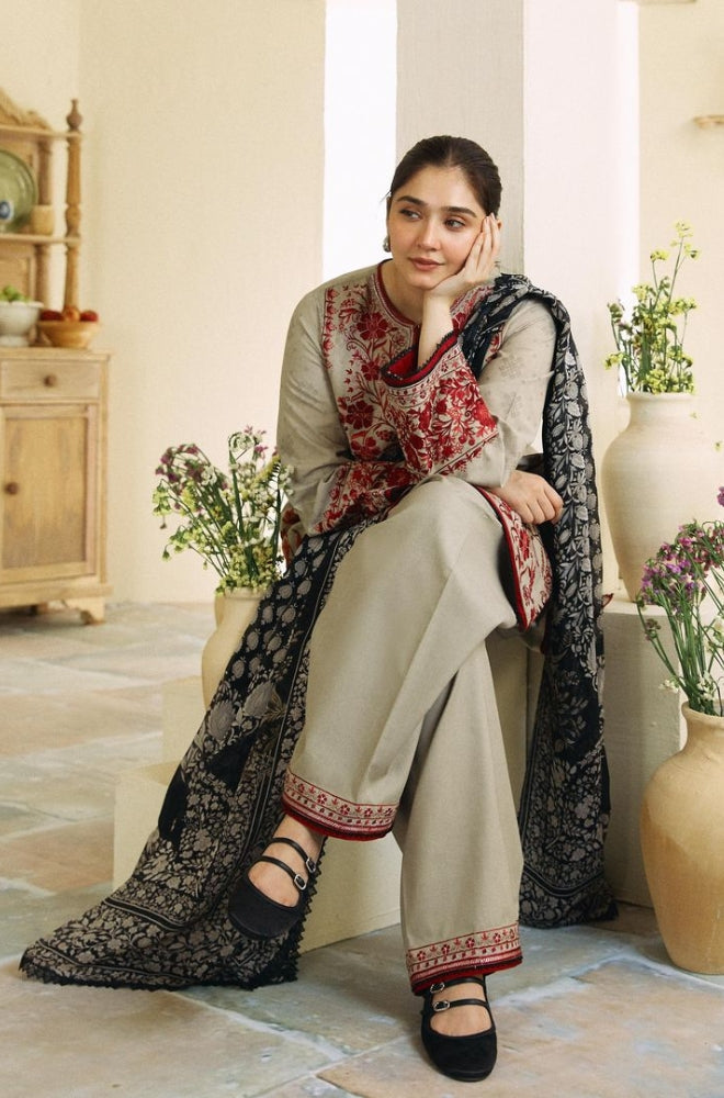 ZS 57-3 Piece Unstitched Heavy Embroidered Dhanak Suit ( Fine Printed Wool Shawl)