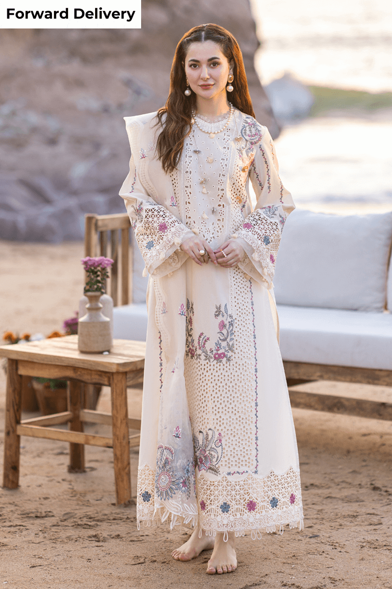 QL 2605-3 Piece Unstitched Heavy Embroidered Chickan Kari Lawn Suit ( Four-Sided Embroidered Organza Dupatta )