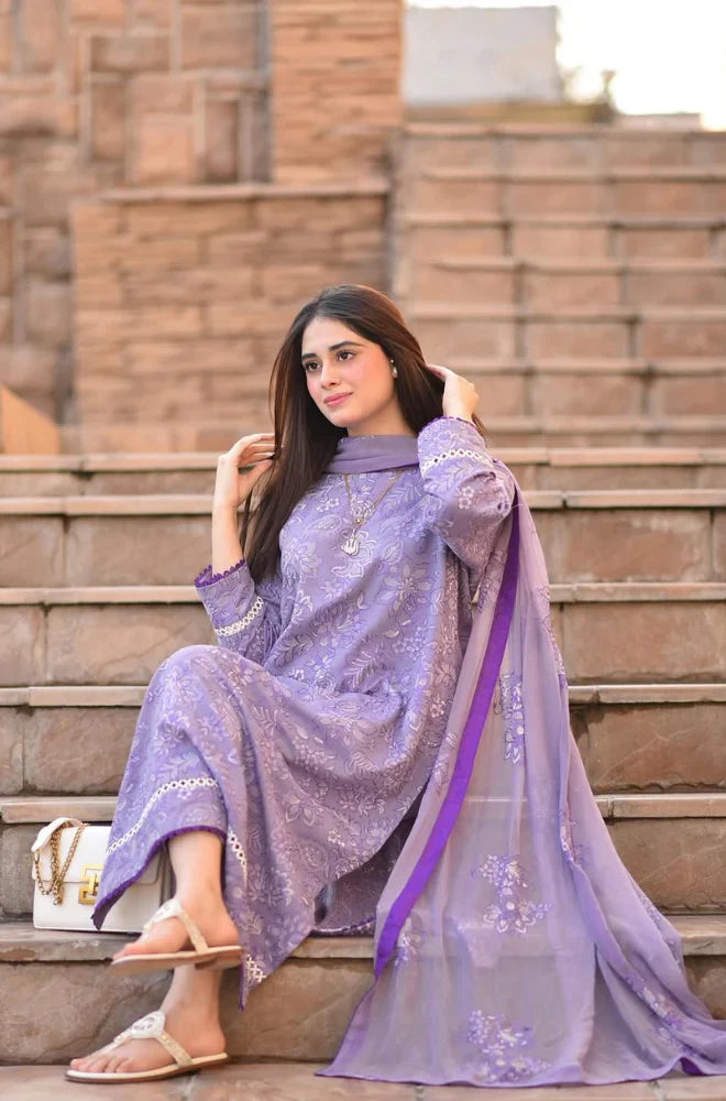 BR 2575-3 Pcs Embroidered Lawn Shirt with Embroidered Chifoon Dupatta BR 2575