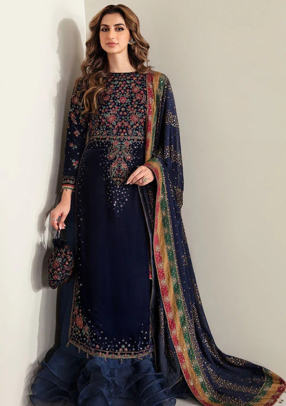 JZ 990-3 Pcs Embroidered Velvet Shirt and Chiffon Dupatta with Silk Trouser